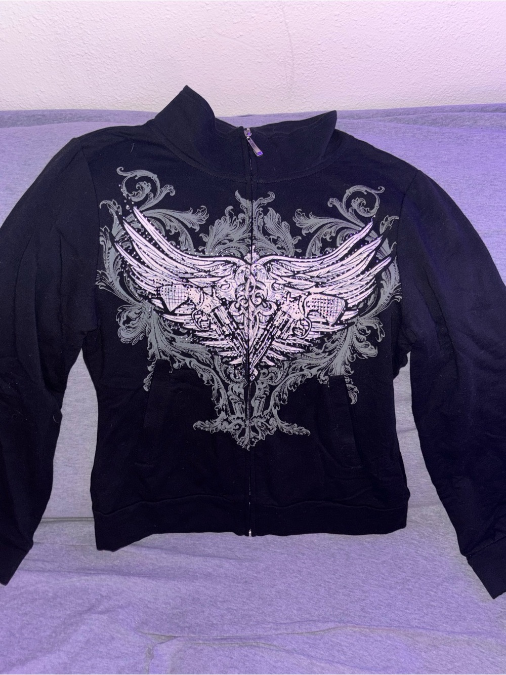 Women's Black Zip-Up Bomber Jacket with Wing Graphic